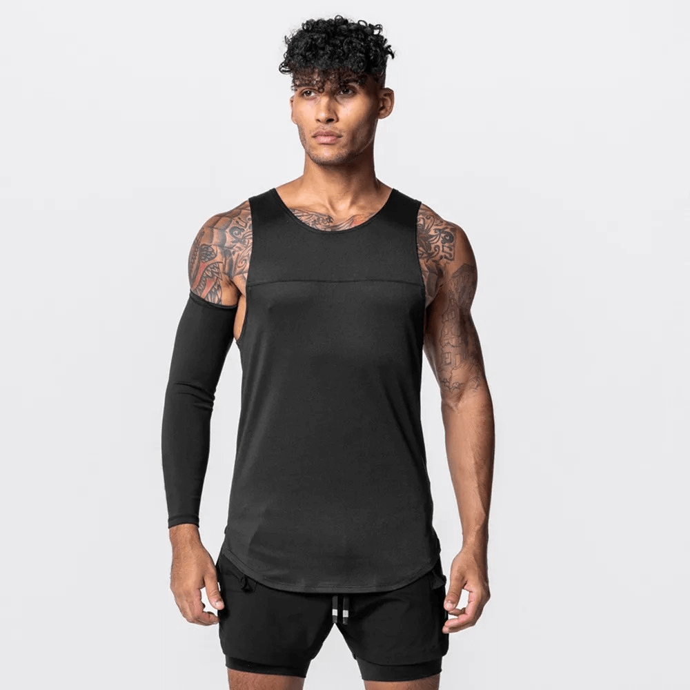 Men's gym tank top SF1824 with asymmetric hem, solid black, O-neck, polyester. Ideal for workouts and fitness. Model wearing tank top.